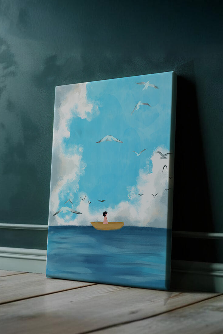 Peaceful seascape illustration with a boat and birds