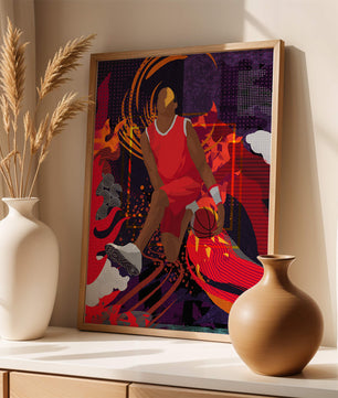 Ilustración dinámica de un jugador de baloncesto en movimiento con patrones abstractos