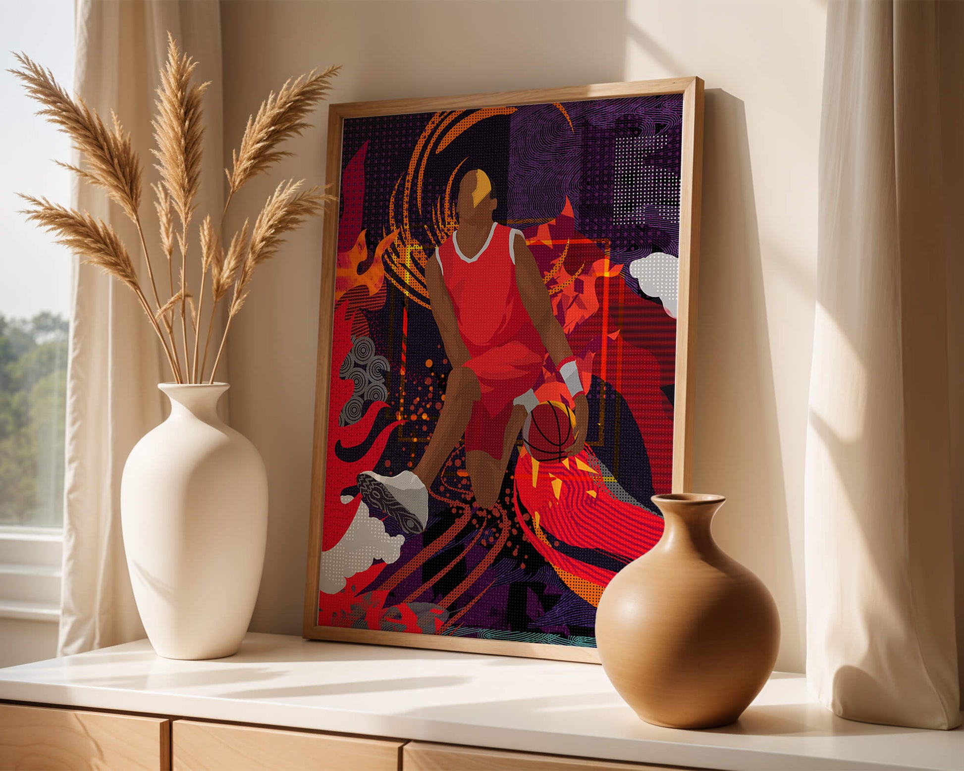 Dynamic illustration of a basketball player in motion with abstract patterns