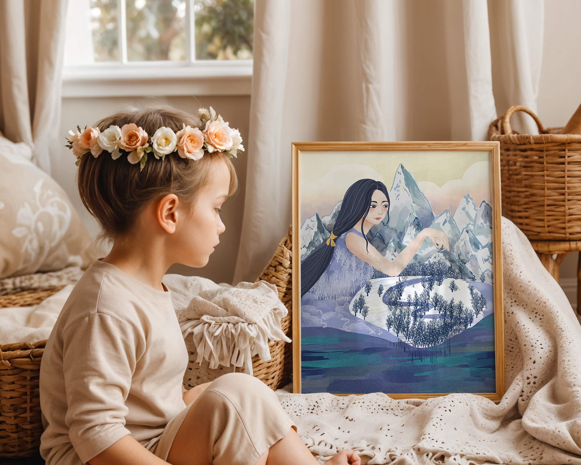 Majestic Woman Overlooking Snowy Mountain Landscape