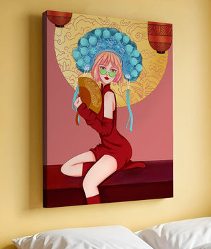 Elegante Illustration einer Frau in traditioneller Kleidung mit einem Fächer