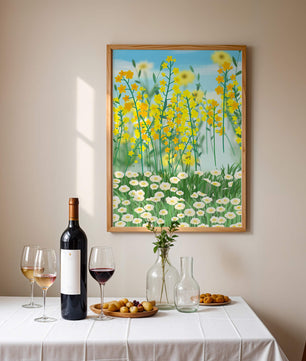Frühlingwiese mit blühenden gelben und weißen Blumen