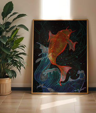 Koi Fish with Abstract Waves in Vibrant Colors