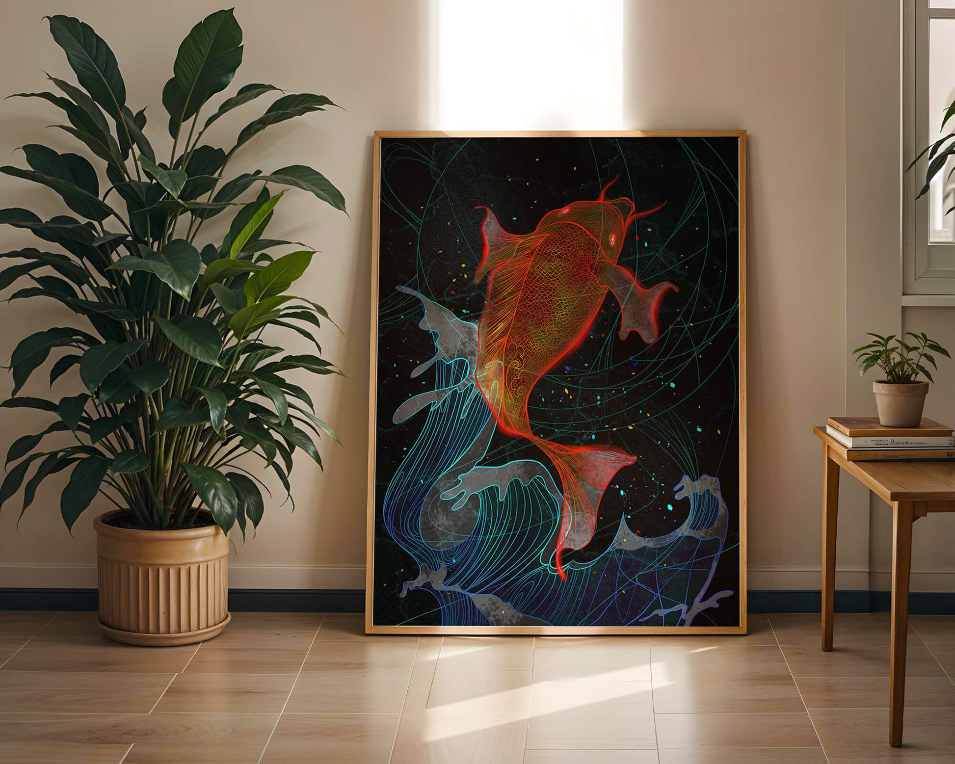 Koi Fish with Abstract Waves in Vibrant Colors
