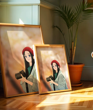 Chica de anime con boina roja sosteniendo una cámara durante el otoño