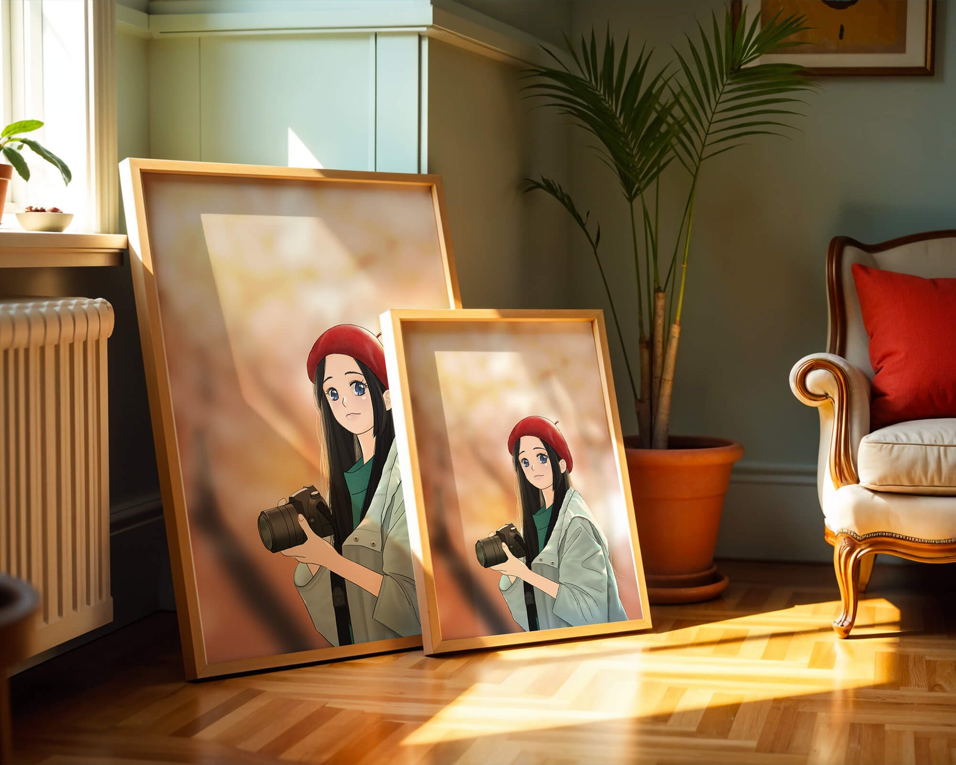 Anime girl in red beret holding camera during autumn