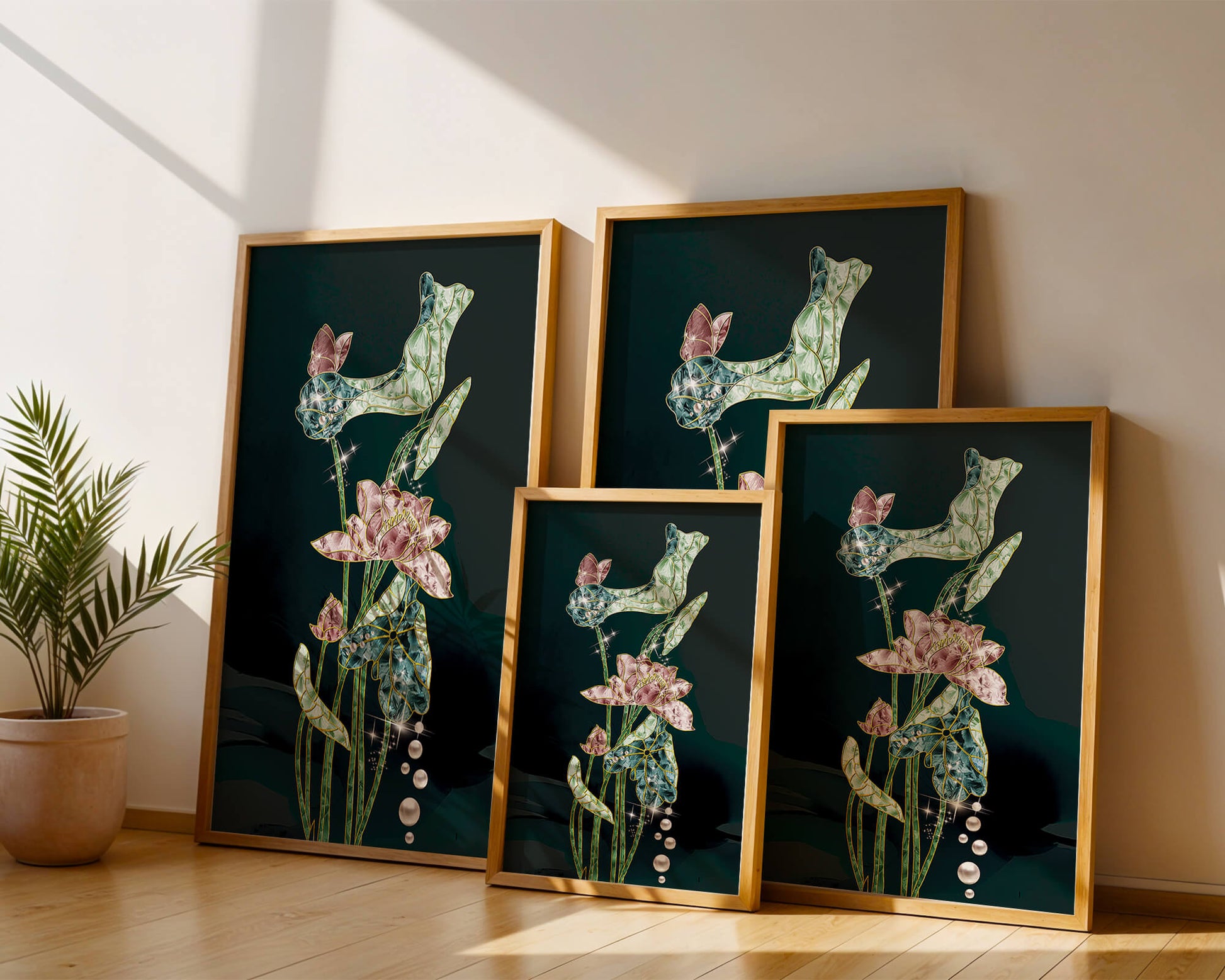 Floral Lotus Design with Gold Accents and Dew Drops