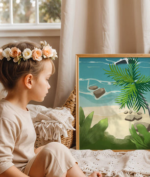 Serene tropical beach scene with lush greenery and calm waves
