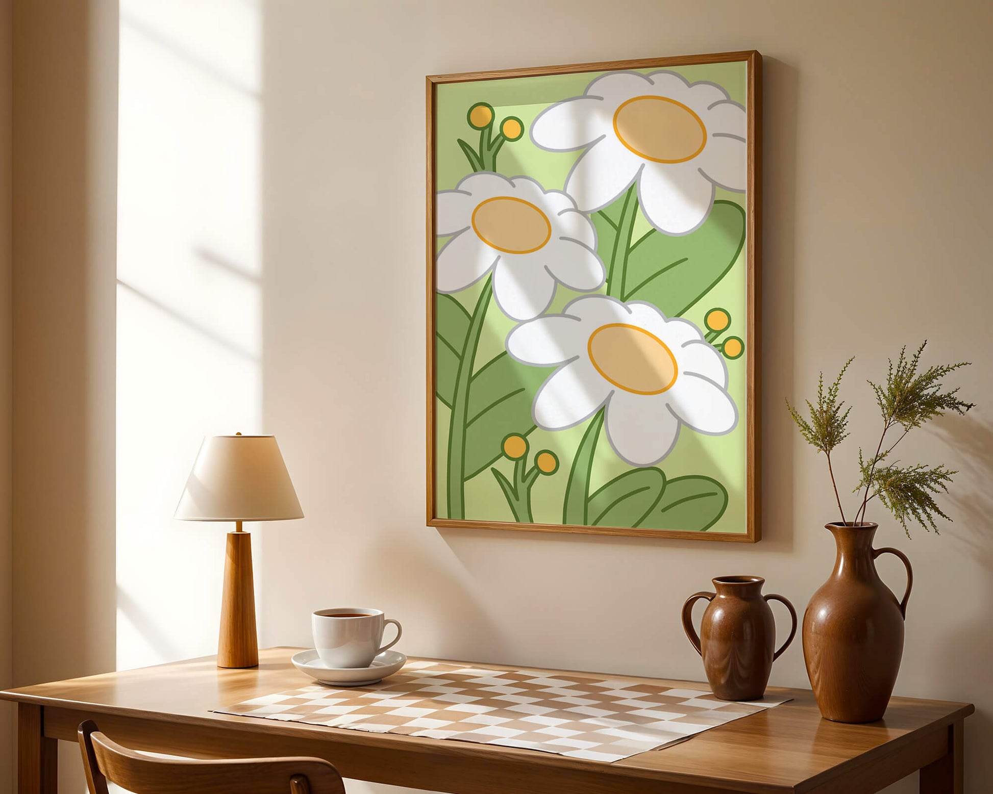 Charming illustrated daisies on a green background