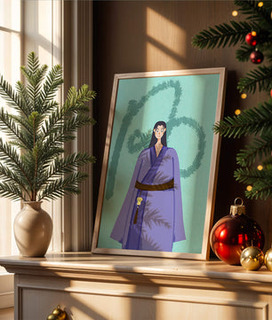 Personaje con atuendo tradicional sobre fondo texturizado