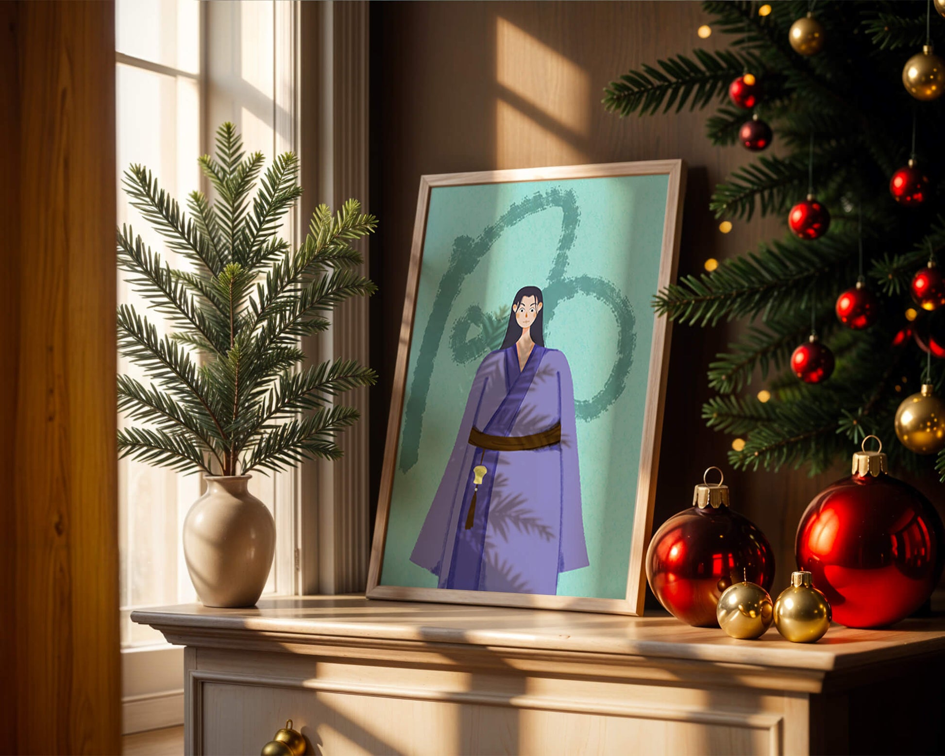 Character in traditional attire on textured background