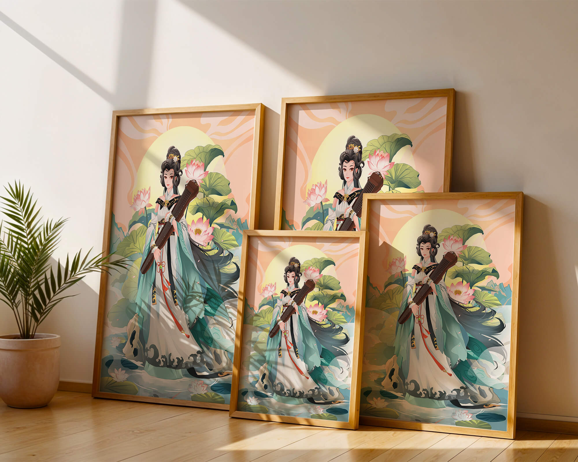 Elegant woman with traditional clothing and musical instrument in serene nature setting