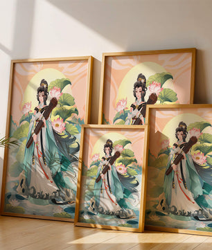 Elegant woman with traditional clothing and musical instrument in serene nature setting