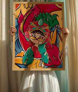 Vibrant illustration featuring a character in traditional costume with dragon elements