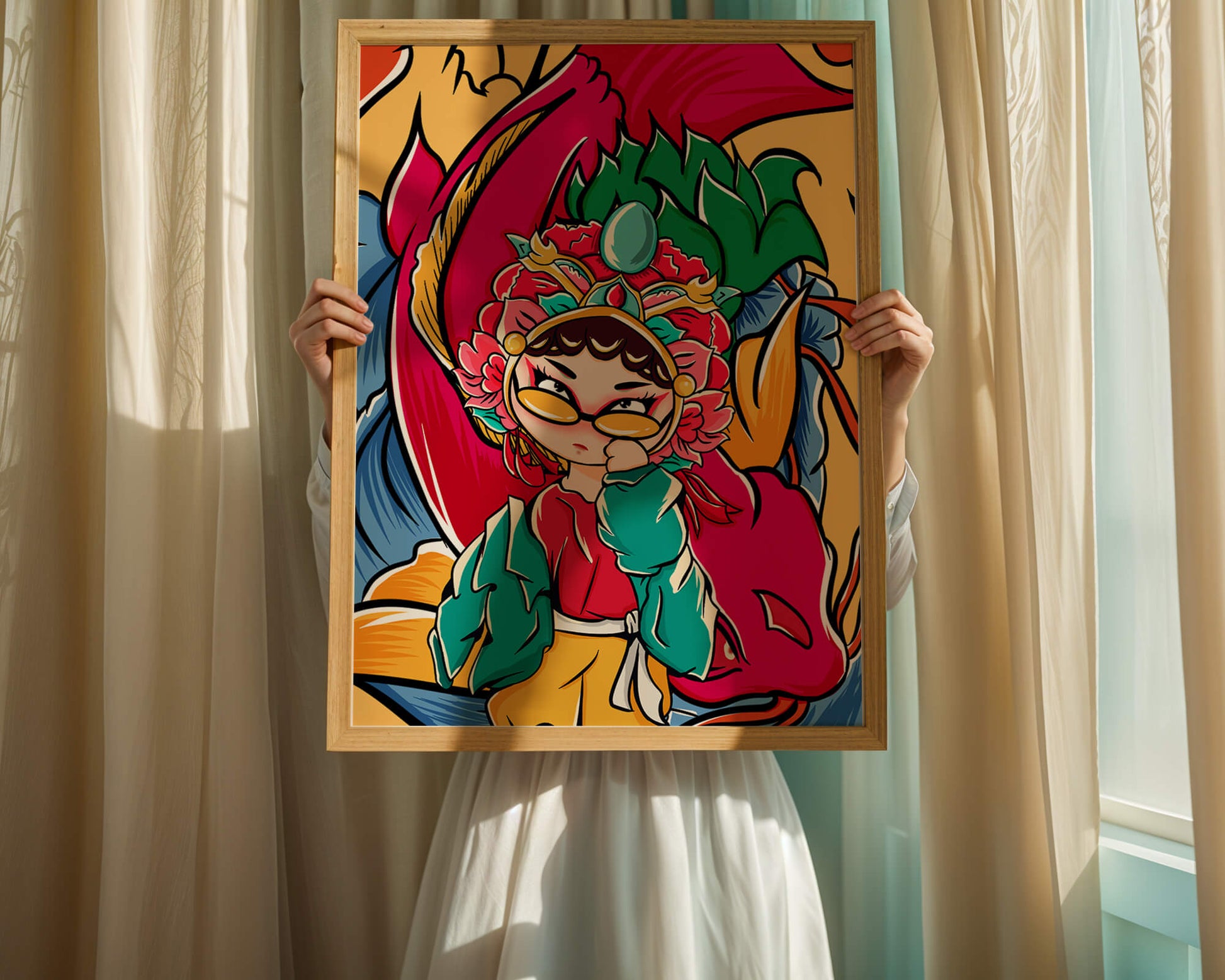 Vibrant illustration featuring a character in traditional costume with dragon elements