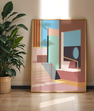 Diseño arquitectónico moderno con elementos geométricos pastel