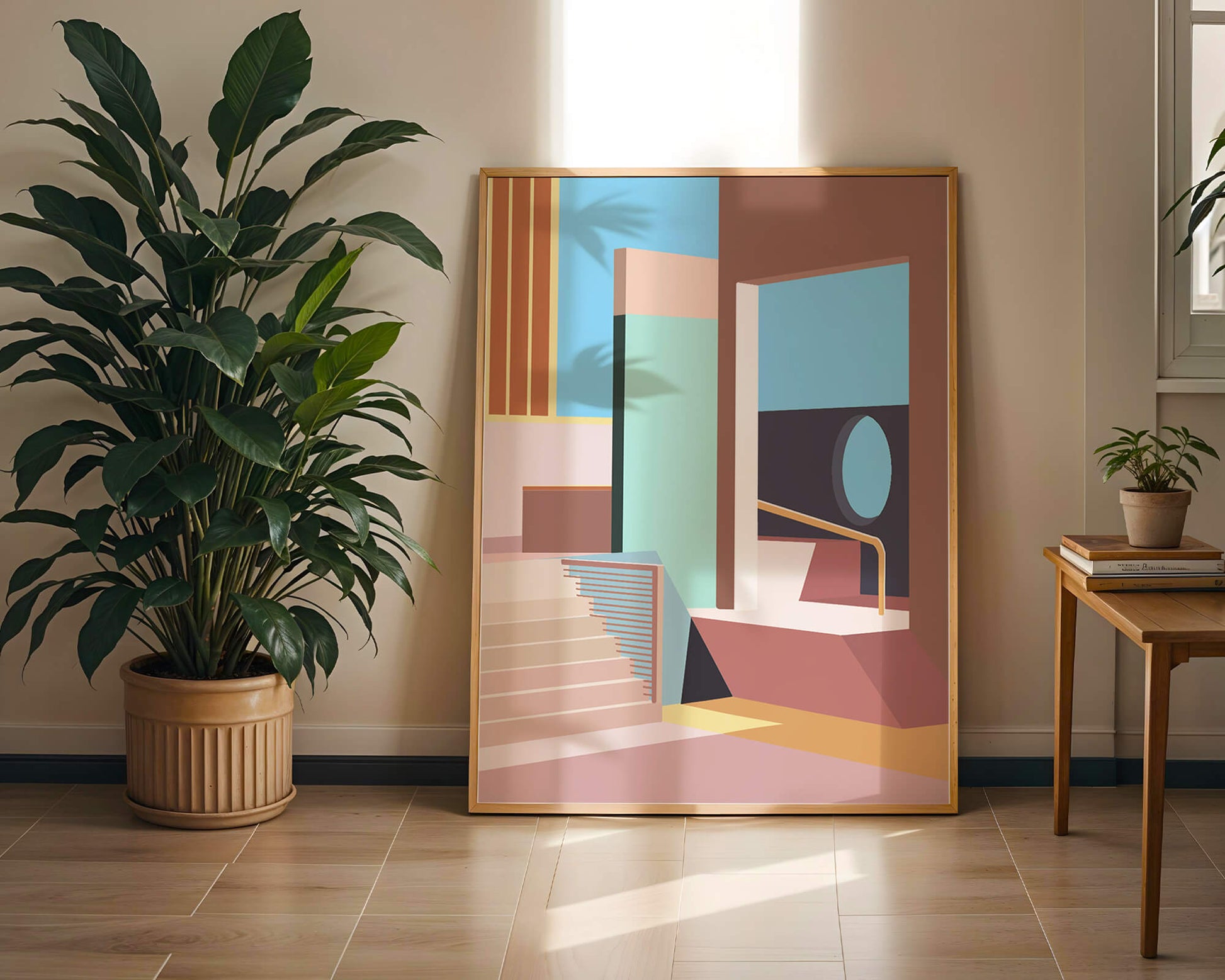 Diseño arquitectónico moderno con elementos geométricos pastel