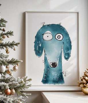 Illustration fantaisiste d’un chien bleu aux traits expressifs