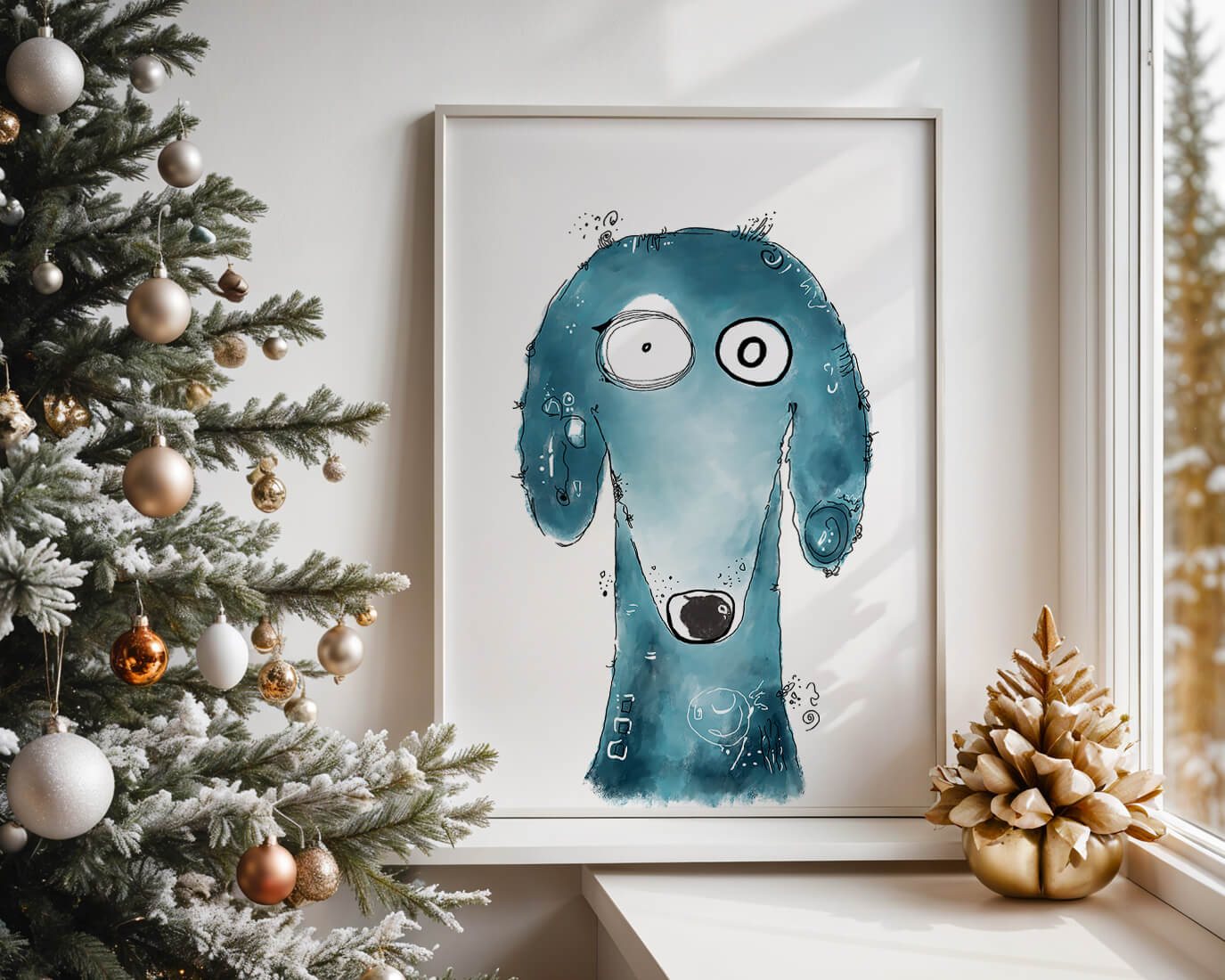 Whimsical blue dog illustration with expressive features