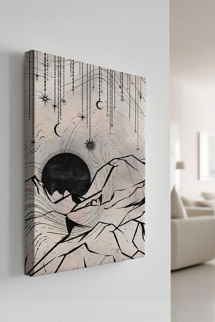 Abstract celestial landscape with mountains and stars