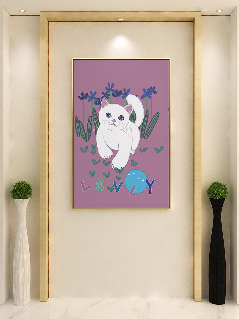 Charming illustration of a white cat in a floral field with playful text