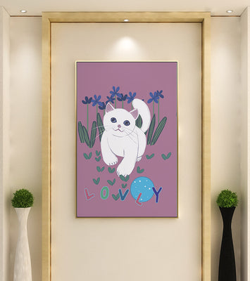 Charming illustration of a white cat in a floral field with playful text