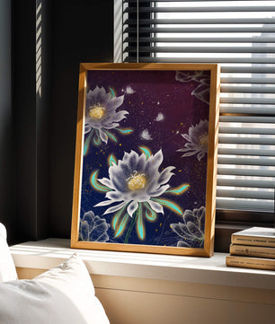 Floral Fantasy with Glowing Elements and Butterflies in Night Sky