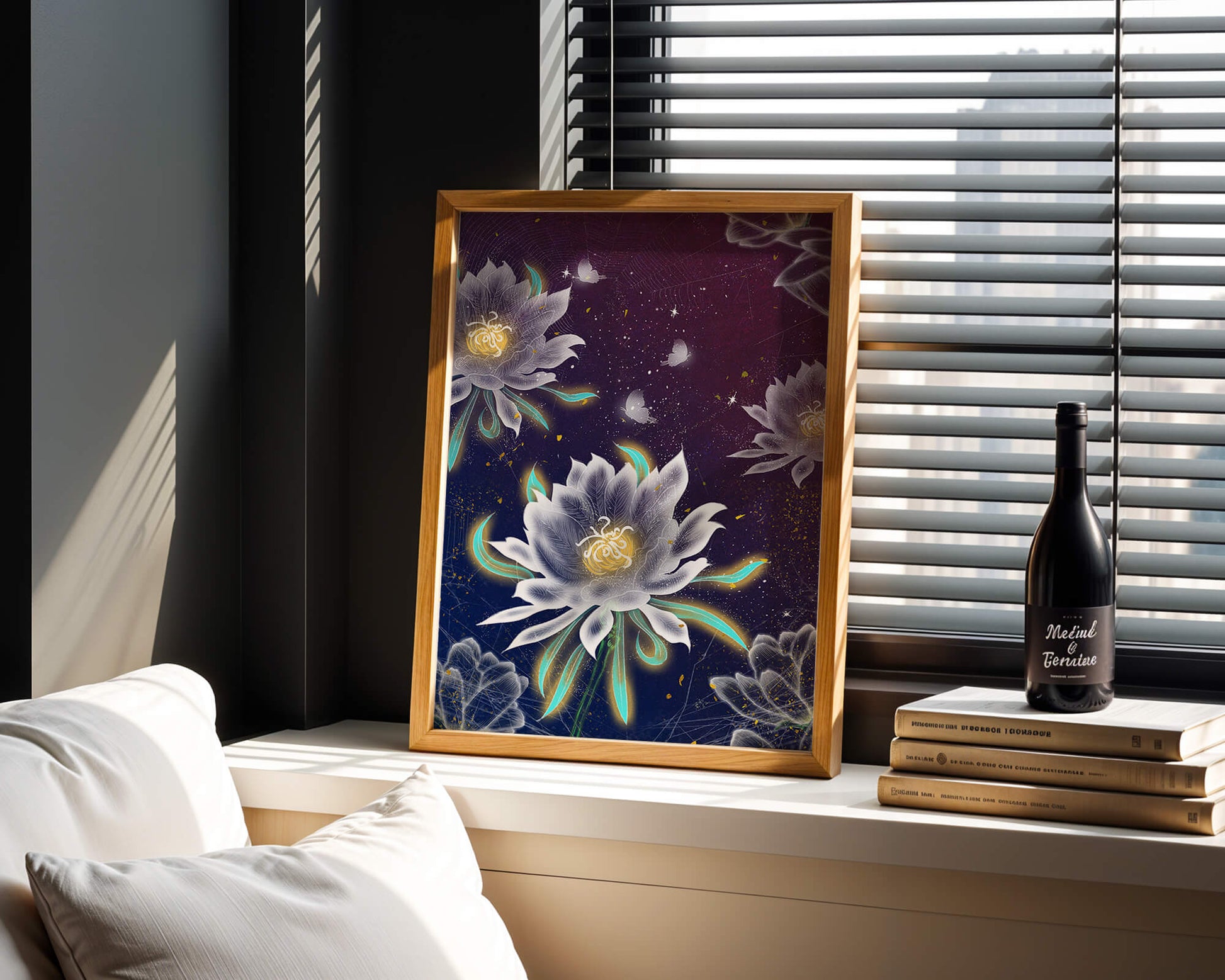 Floral Fantasy with Glowing Elements and Butterflies in Night Sky