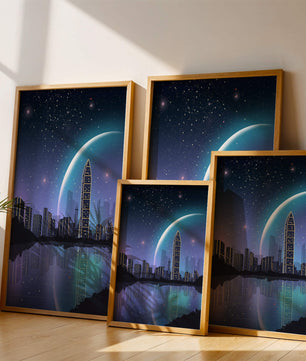 Paisaje urbano futurista bajo un cielo estrellado