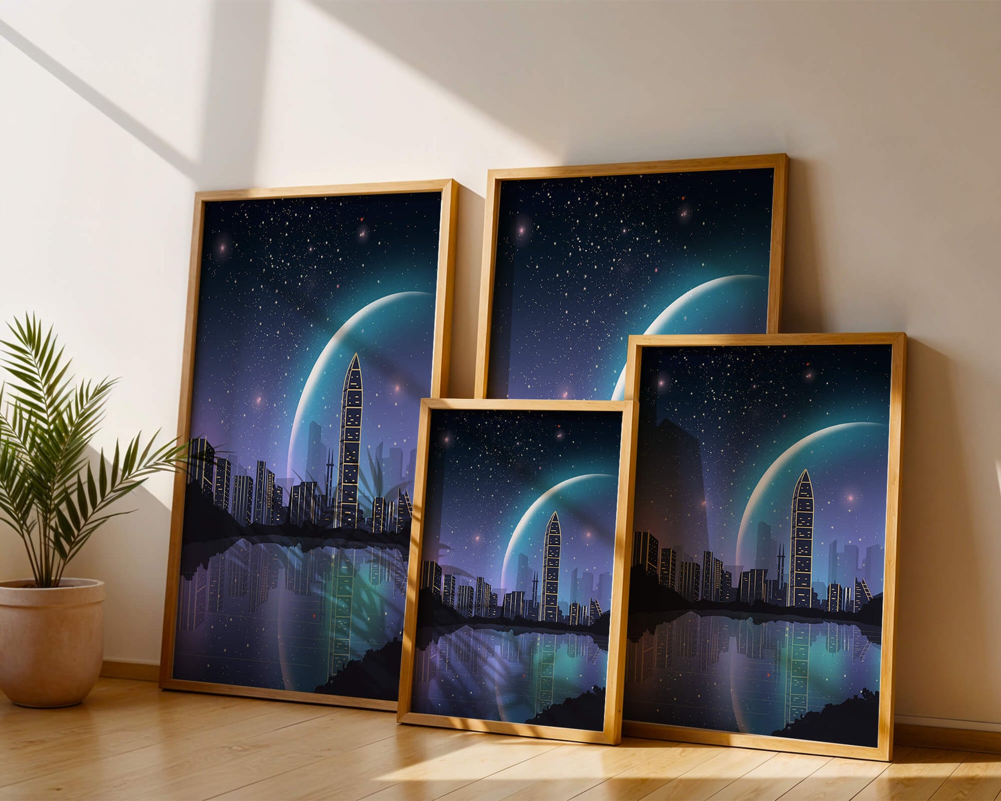 Futuristic cityscape under a starry night sky