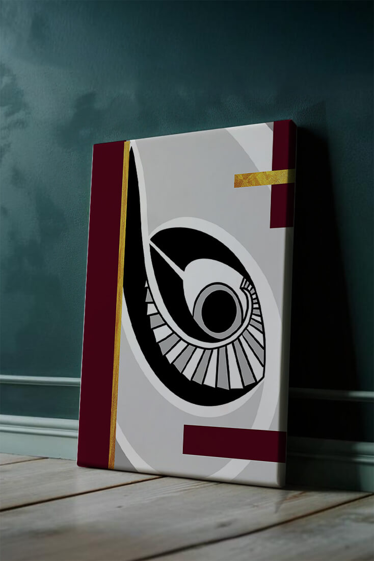 Arte geométrico abstracto con motivo de ojo y detalles dorados