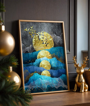 Abstract Landscape with Golden Sun and Flying Birds