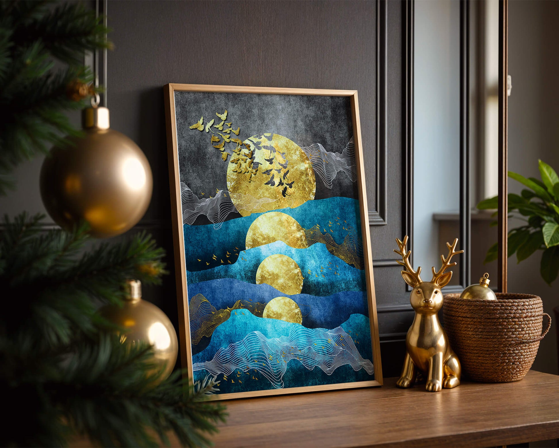 Abstract Landscape with Golden Sun and Flying Birds