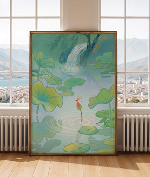 Serene pond scene with lotus leaves and waterfall