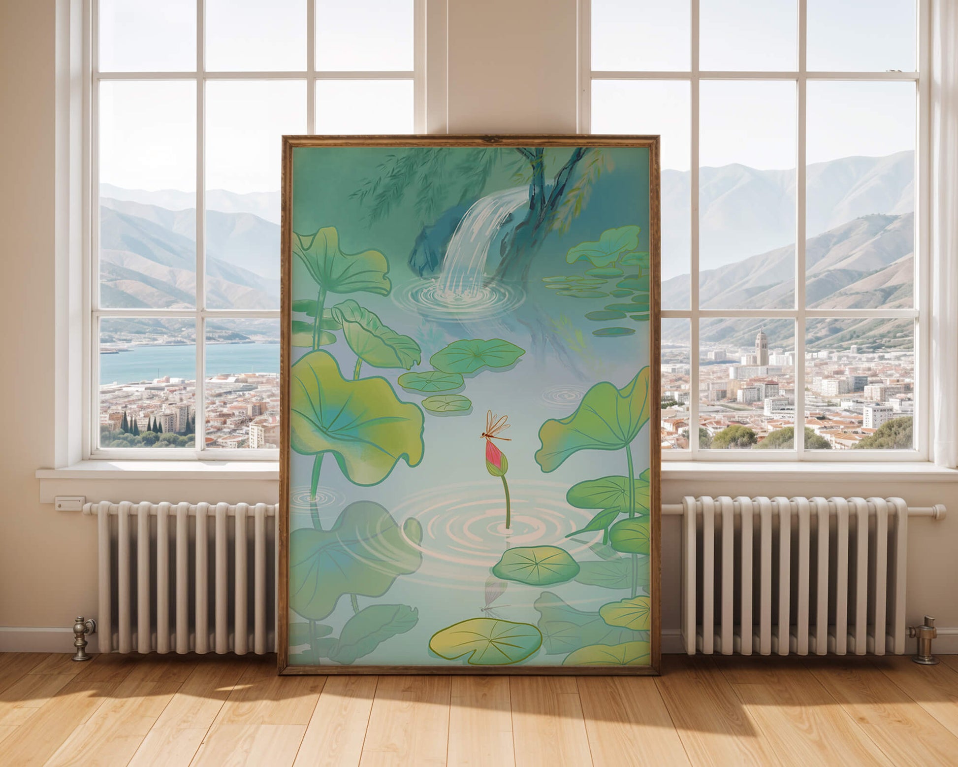Serene pond scene with lotus leaves and waterfall