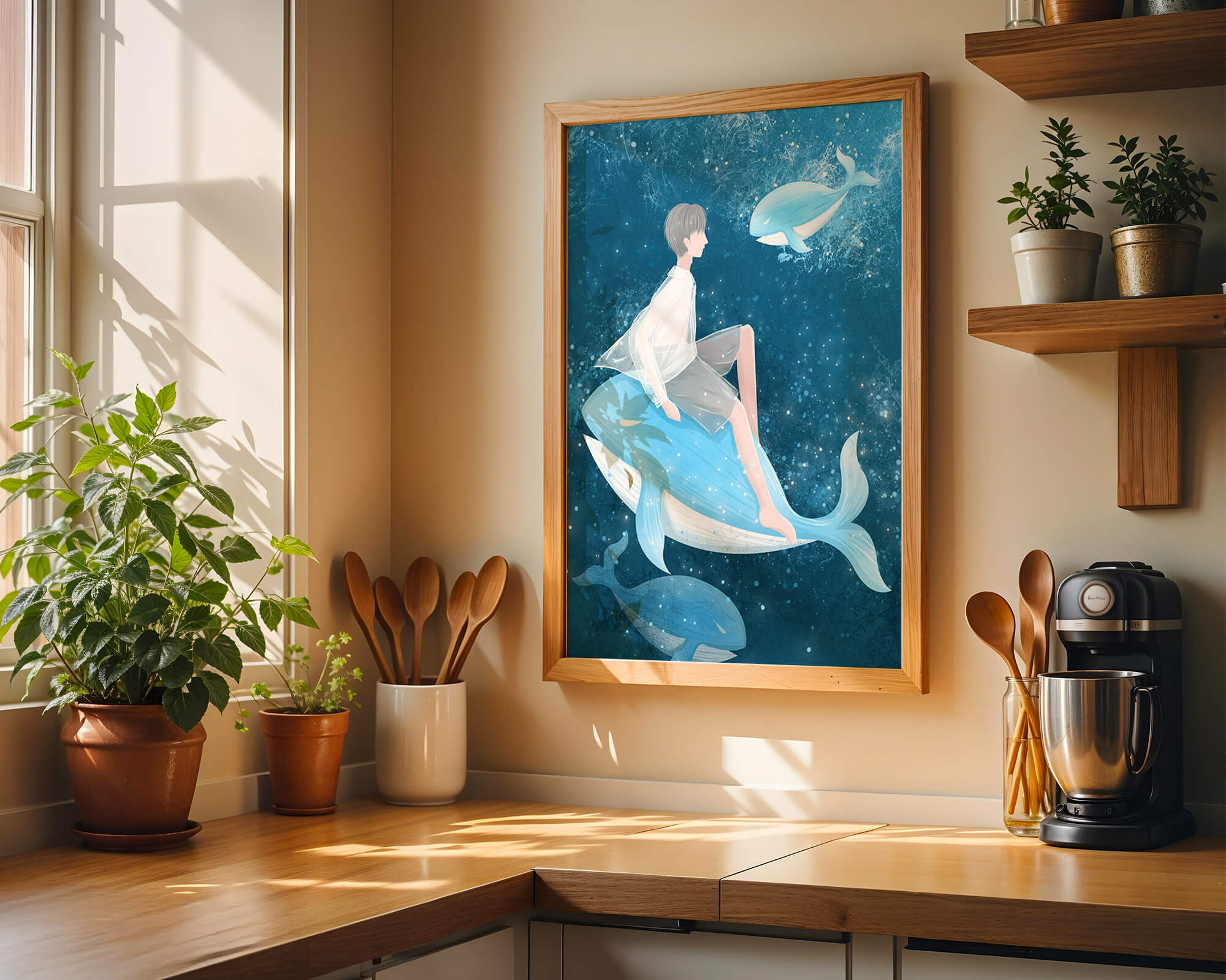 Fantasy illustration of person on blue whale in underwater scene