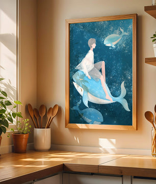 Illustration fantastique d'une personne sur une baleine bleue dans une scène sous-marine