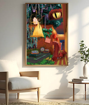 Jardín encantado con hada, serpiente y elementos misteriosos