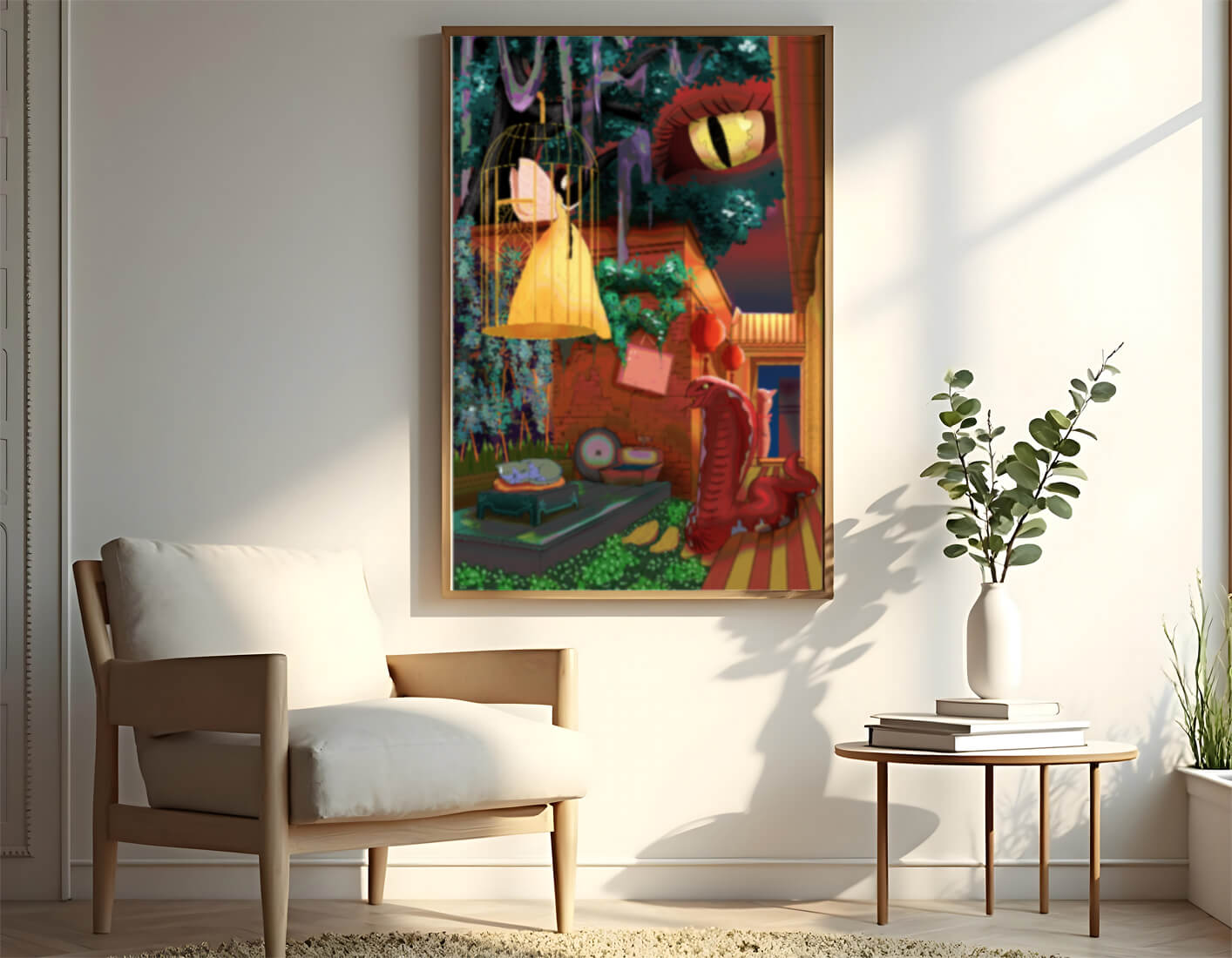 Enchanted garden with fairy, snake, and mysterious elements