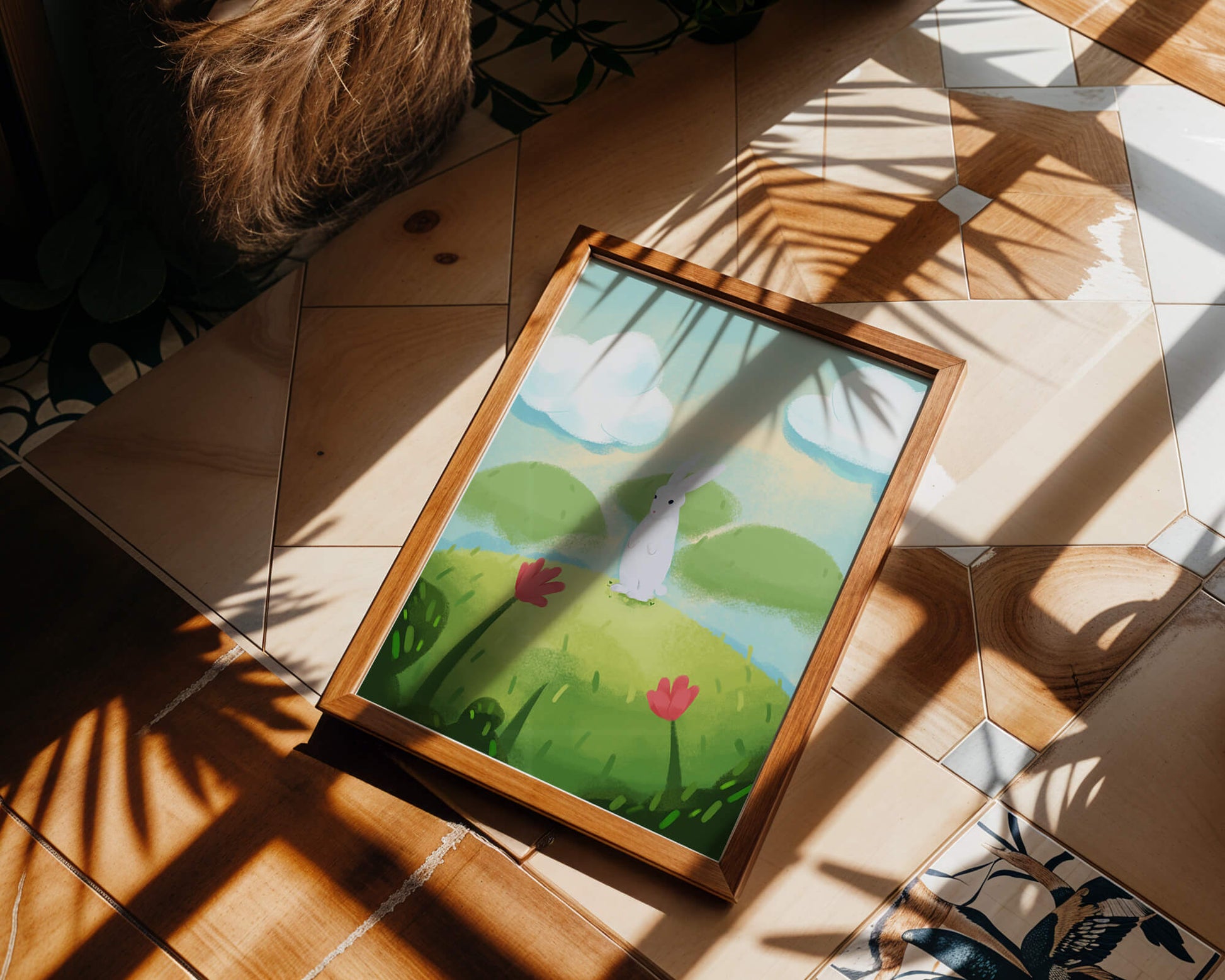 Whimsical landscape with rabbit and colorful flowers