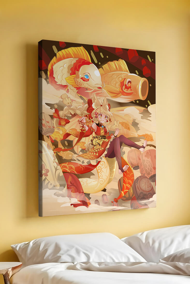 Vibrant anime character with mythical koi fishes and lanterns in dynamic scene