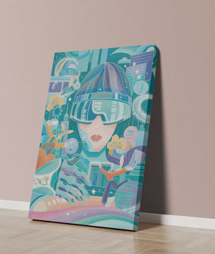Futuristic digital art with virtual reality and technology themes