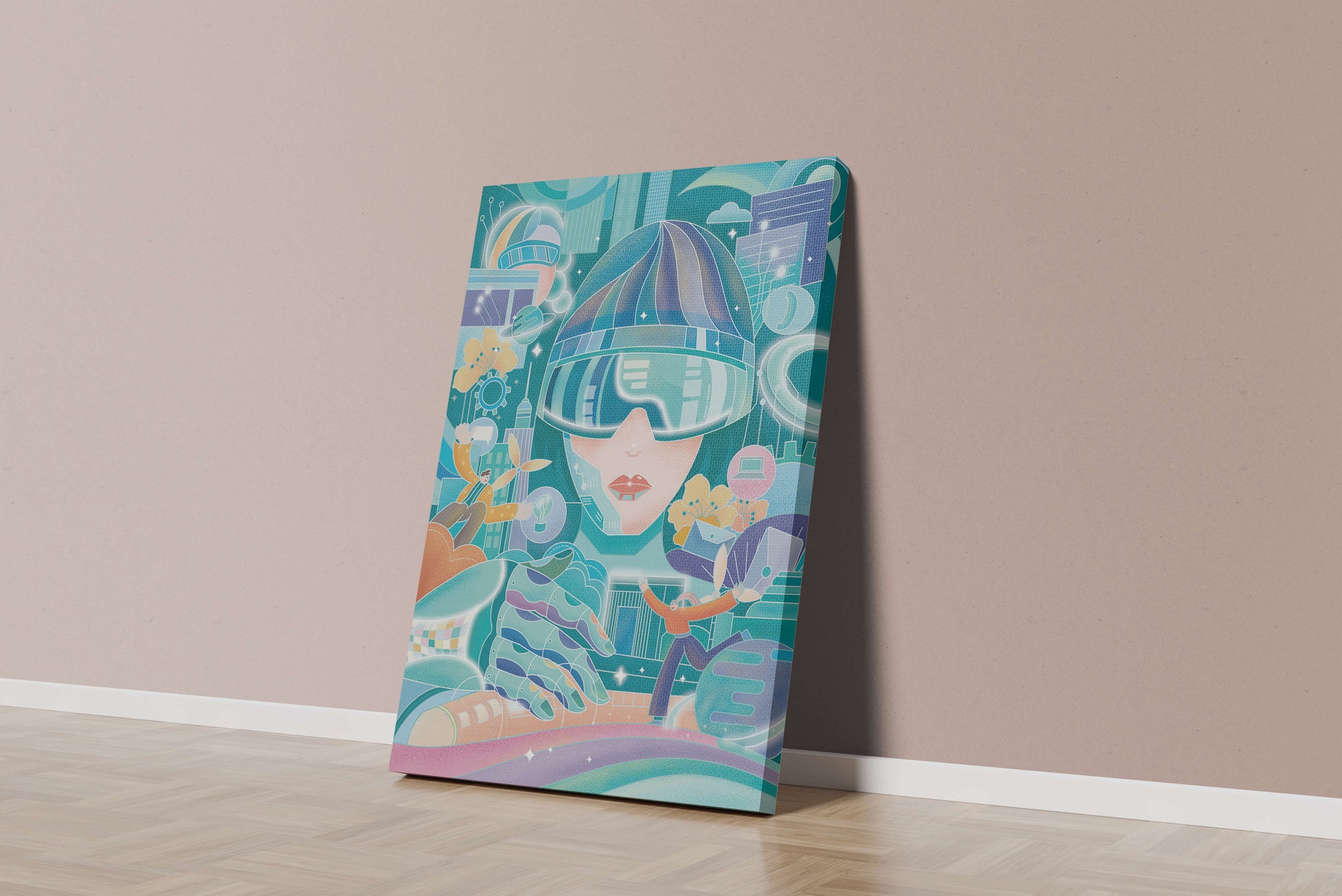 Futuristic digital art with virtual reality and technology themes