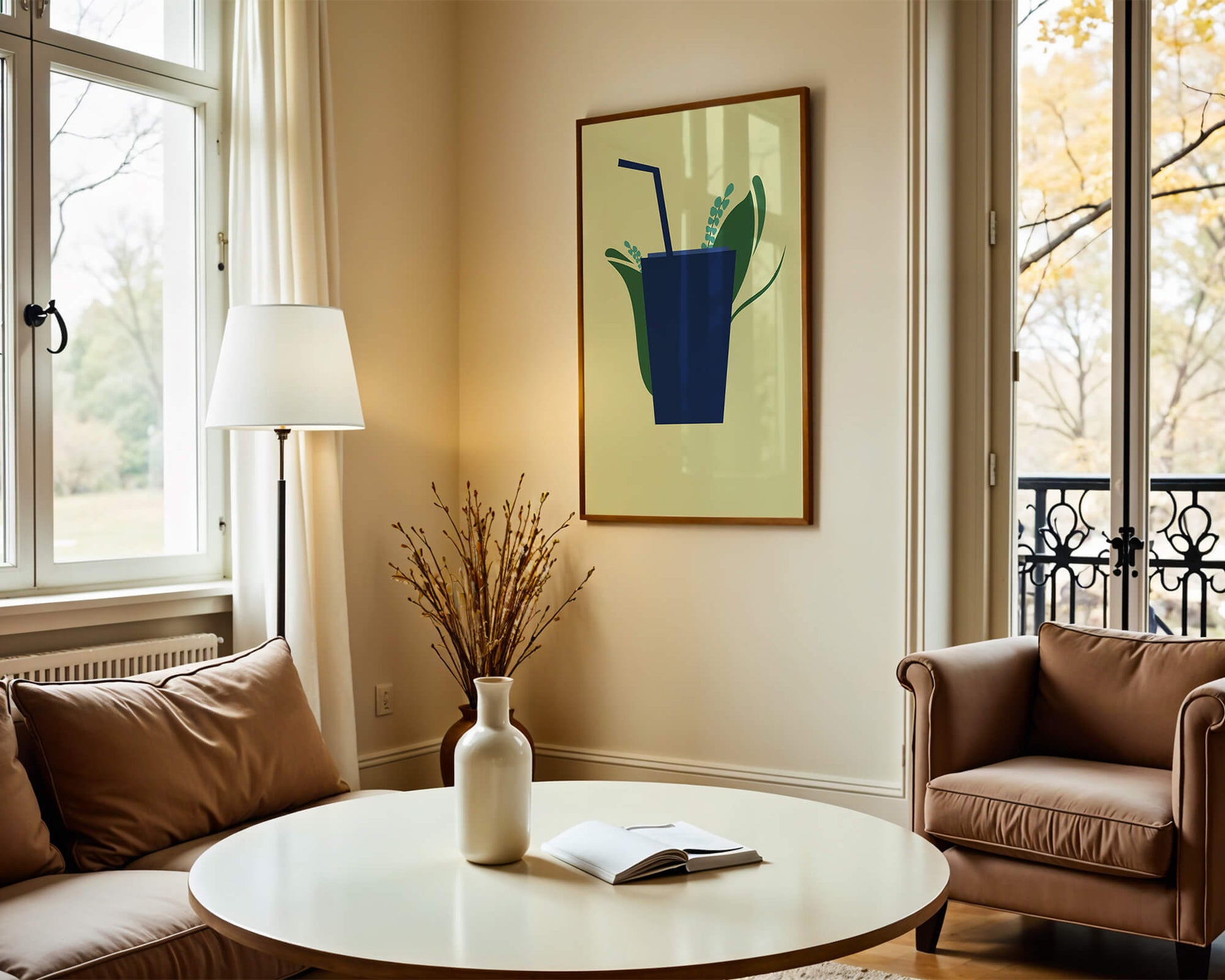 Modern cafe drink illustration with botanical elements