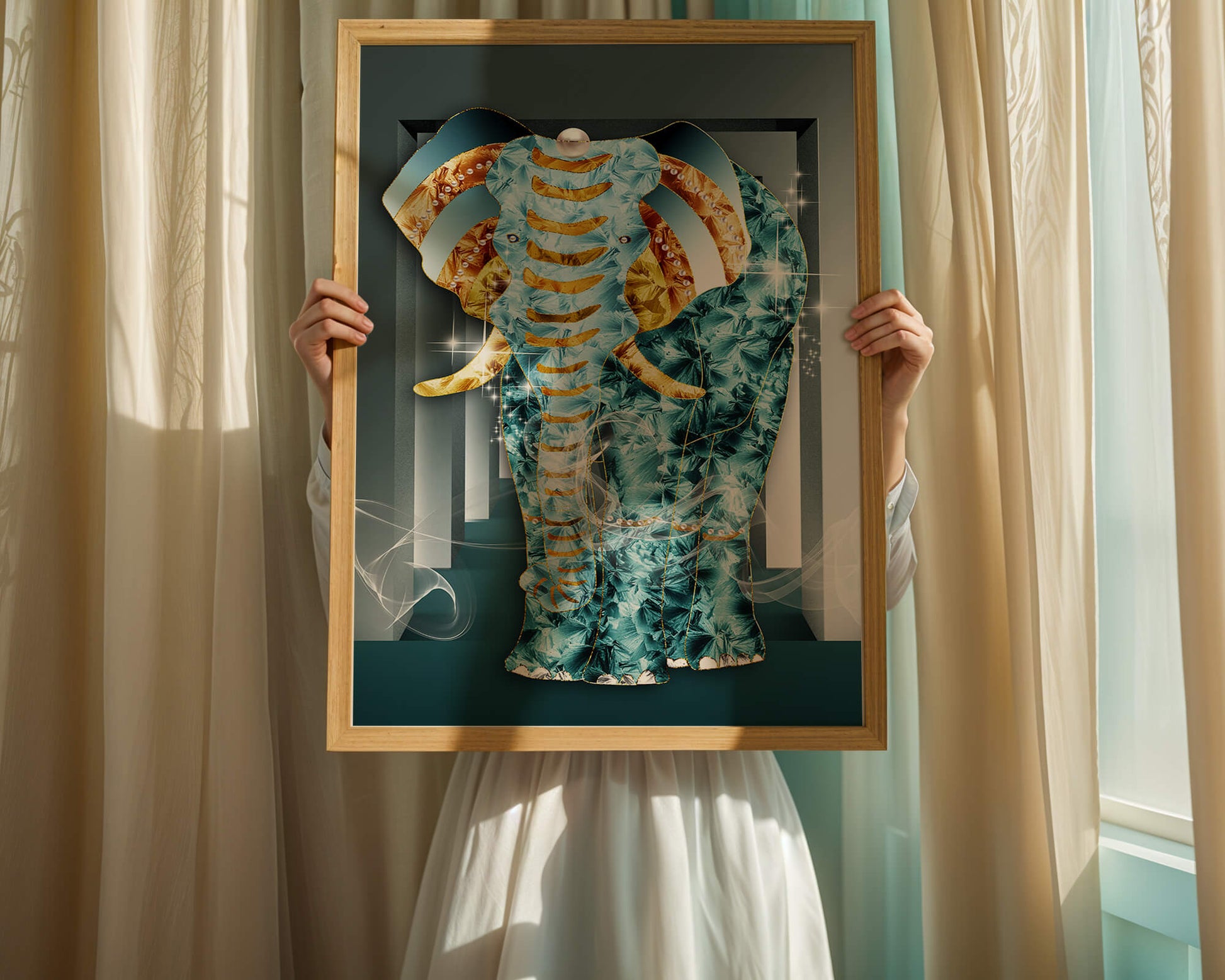 Elephant with Gold and Blue Textures in Surreal Geometric Background