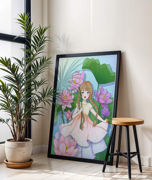 Illustration fantaisiste d'une jeune fille aux cheveux tressés parmi des fleurs de lotus