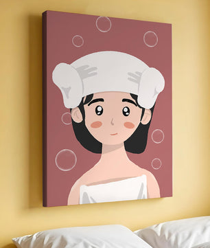 Illustration of a person in a towel with bubbles on a pink background