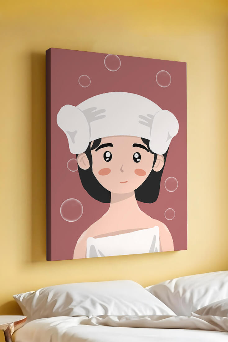 Ilustración de una persona en una toalla con burbujas sobre un fondo rosa