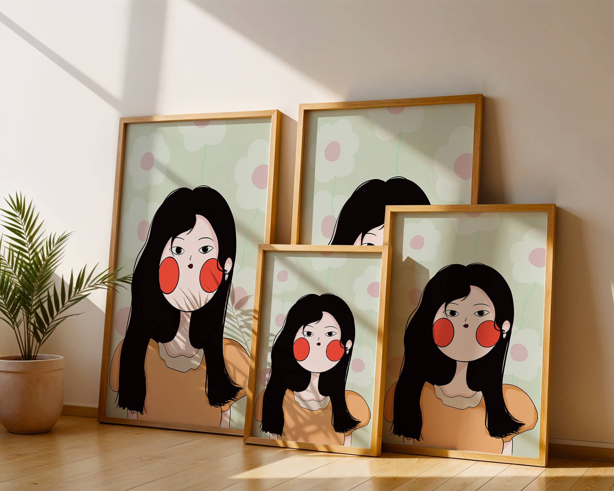 Charming illustration of a young woman with floral background