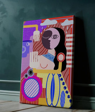 Abstrakte geometrische Kunst mit einer weiblichen Figur in leuchtenden Farben